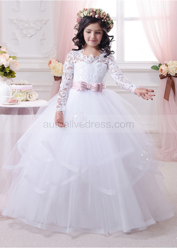Long Sleeves White Lace Tulle Classic Flower Girl Dress 